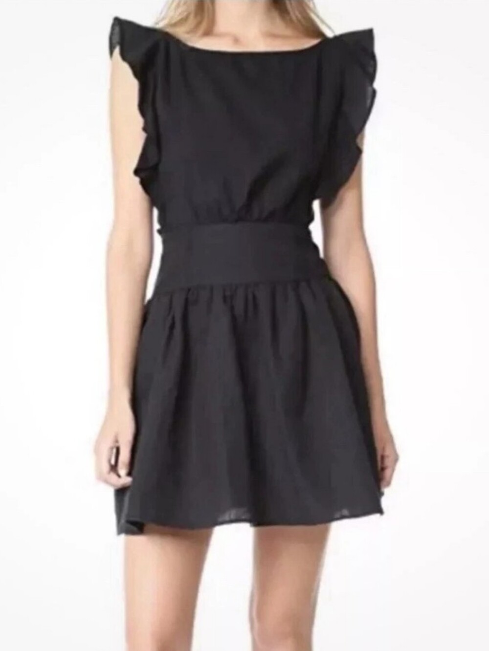 Free People Erin Mini Dress Linen Blend Size L Ruffle Smocked Open Back with Tie
